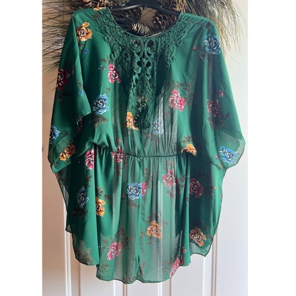 Womens Green Floral Open Duster/Coverup Size Medium - Picture 4 of 12